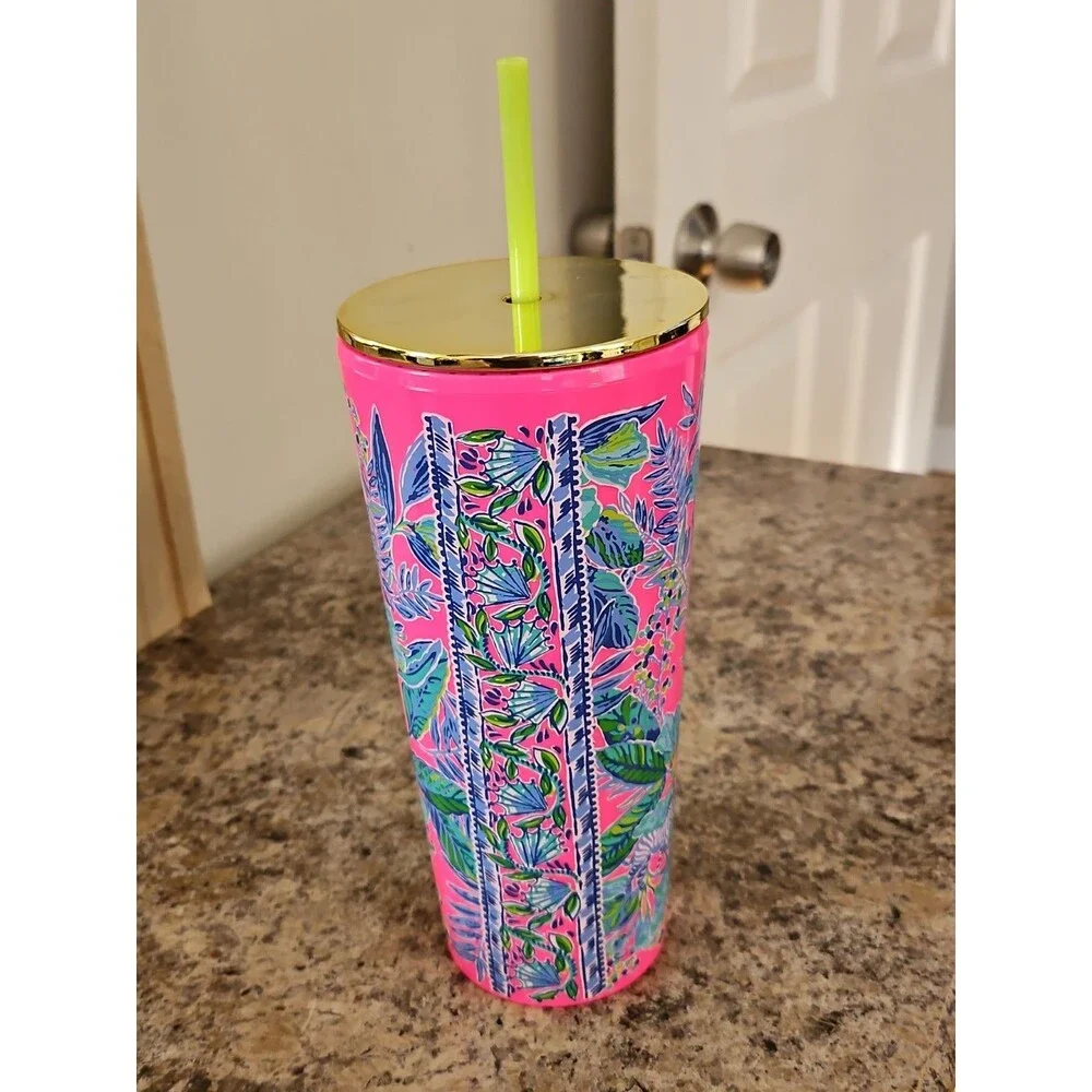 Lilly Pulitzer Tumbler With Straw Lil Earned Stripes Zebra Pink 24 oz. EUC